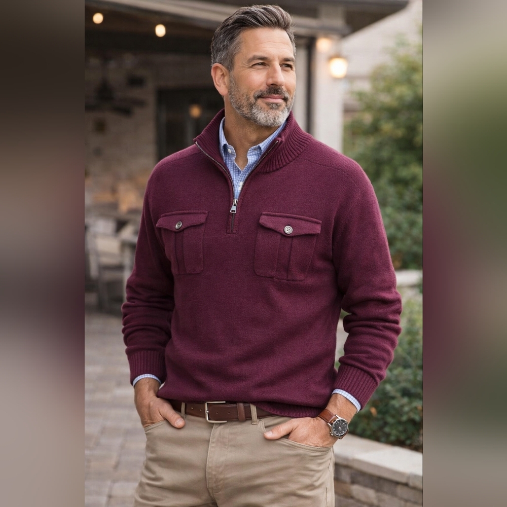 Men’s Sweater XXL Burgundy Half Zip 100% Cotton Casual Classic Pullover New